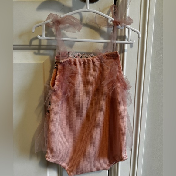 Handmade OOAK Pink Embellished Floral Tulle Baby Romper and Headband sitter size - Picture 2 of 5